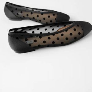 NWT Zara Black Polka Dot Mesh Ballet Flats